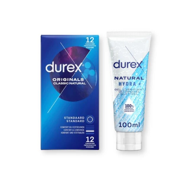  Pachet pentru cupluri: Prezervative Durex Natural Regular Fit 56 mm 12 buc + Lubrifiant pe bază de apă Durex Natural Hidratante 100 ml