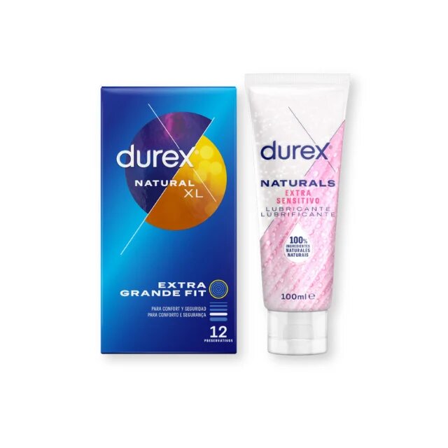  Pachet pentru cupluri: Prezervative Durex Natural XL 12 buc + Lubrifiant pe bază de apă Durex Natural Extra Sensitivo 100 ml