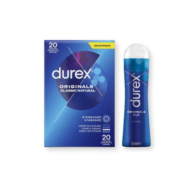  Pachet pentru cupluri: Prezervative Durex Originals Classic Natural 20 buc + Lubrifiant pe bază de apă Durex Play Original H2O 50 ml