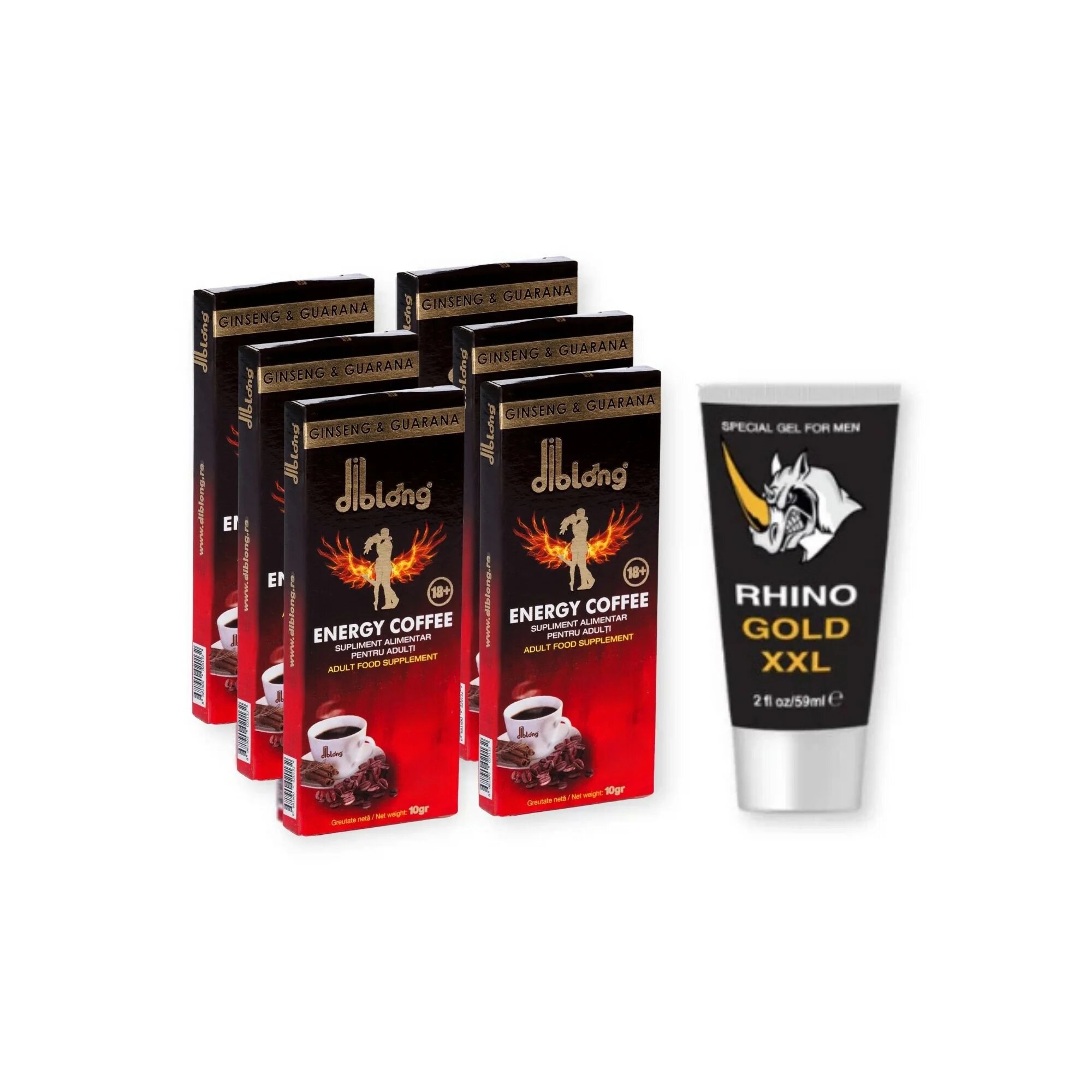  Pachet pentru cupluri: Set 6 suplimente alimentare pentru bărbați Diblong Energy Coffee 60g + Gel mărire penis RHINO GOLD XXL 59 ml