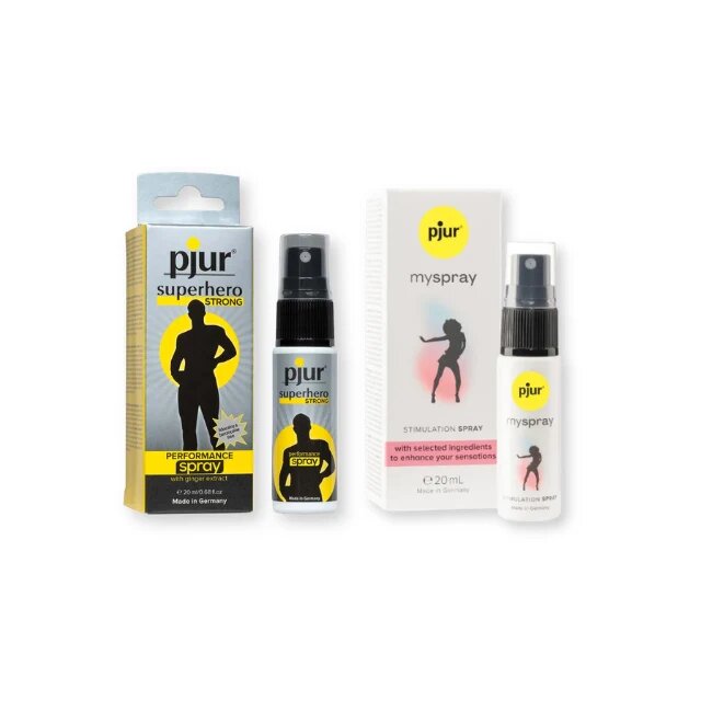  Pachet pentru cupluri: Spray bărbați PJUR Superhero Performance STRONG 20 ml + Spray femei PJUR MySpray Stimulation Original 20 ml