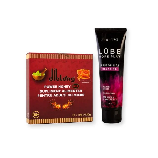  Pachet pentru cupluri: Supliment alimentar cu miere DIBLONG Honey 12 plicuri x 10 g + Lubrifiant anal SEXITIVE Lube Premium Relaxing 130 ml