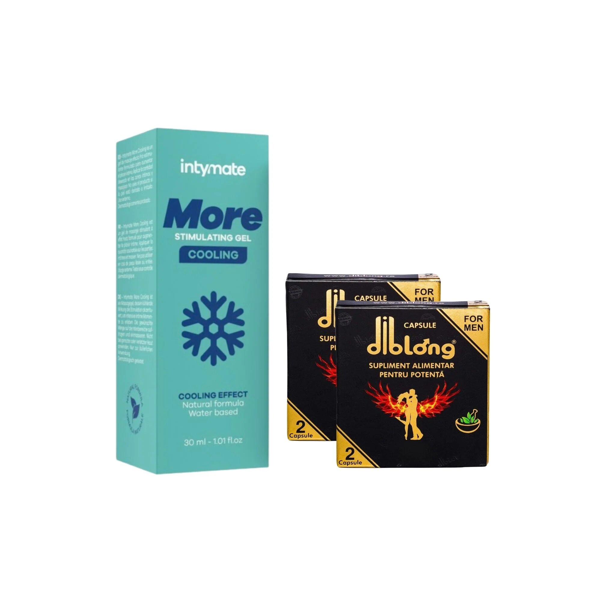  Pachet pentru cupluri: Supliment alimentar pentru bărbați sub formă de capsule DIBLONG Ginseng 4 buc + Gel intim INTYMATE More Cooling 30 ml