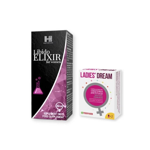  Pachet pentru femei: Capsule afrodisiace LADIES DREAM 2 buc + Picaturi Libido Elixir For Women 30 ml