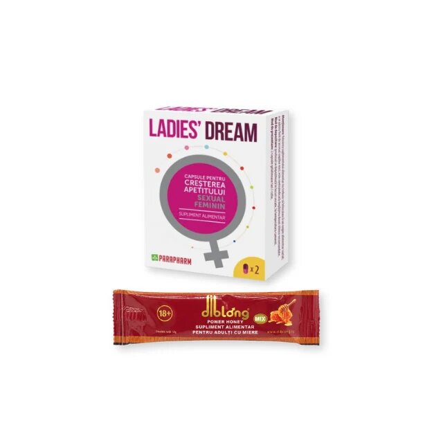 Pachet pentru femei: Capsule afrodisiace LADIES DREAM 2 buc + Supliment alimentar cu miere DIBLONG Power Honey 10g 1 plic
