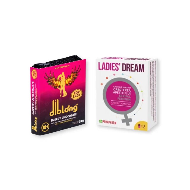  Pachet pentru femei: Capsule afrodisiace LADIES DREAM 2 buc + Supliment alimentar pe bază de ciocolată DIBLONG Energy Chocolate for Lady 24 g