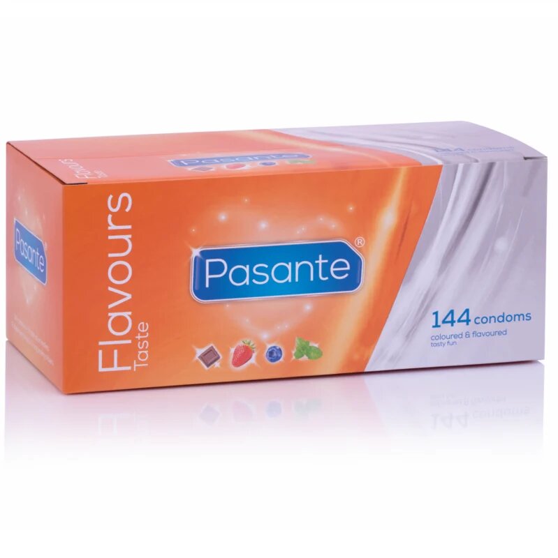 PASANTE Prezervative Flavors cu aroma de ciocolata capsuni menta si afine 53 mm 1 cutie x 144 buc