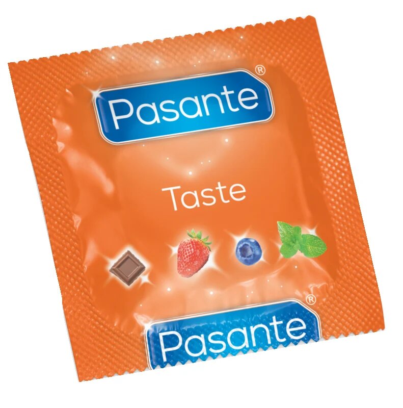 PASANTE Prezervative Flavors cu aroma de ciocolata capsuni menta si afine 53 mm 1 cutie x 144 buc