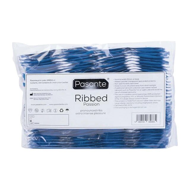 PASANTE Prezervative Ribbed Passion din latex texturate și rezistente diametru 52 mm 144 bucăți