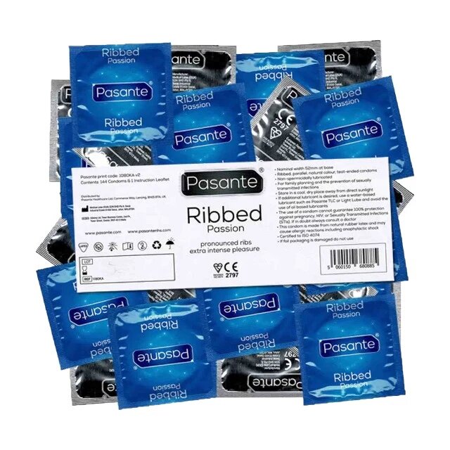 PASANTE Prezervative Ribbed Passion din latex texturate și rezistente diametru 52 mm 144 bucăți