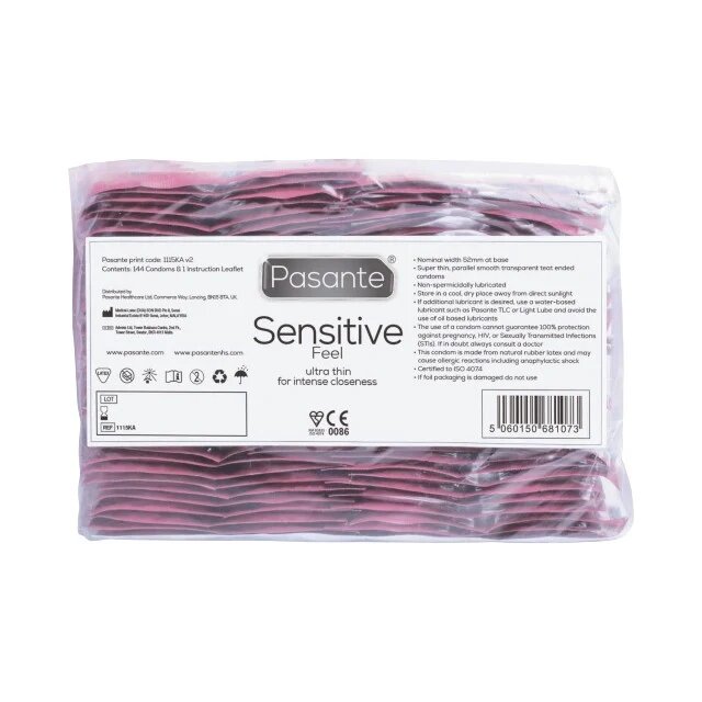 PASANTE Prezervative Sensitive Feel din latex ultra-subțiri și rezistente diametru 52 mm 144 bucăți