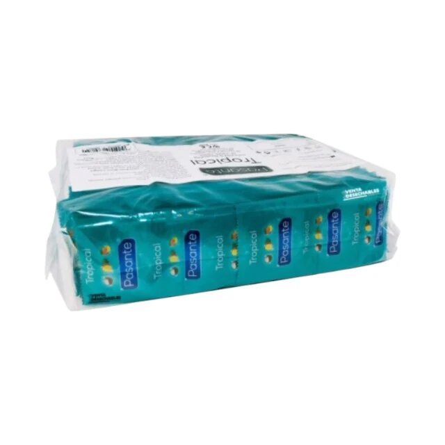 PASANTE Prezervative Tropical Flavours colorate și cu arome de ananas nucă de cocos și mango din latex diametru 52 mm 144 buc