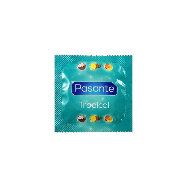 PASANTE Prezervative Tropical Flavours colorate și cu arome de ananas nucă de cocos și mango din latex diametru 52 mm 144 buc
