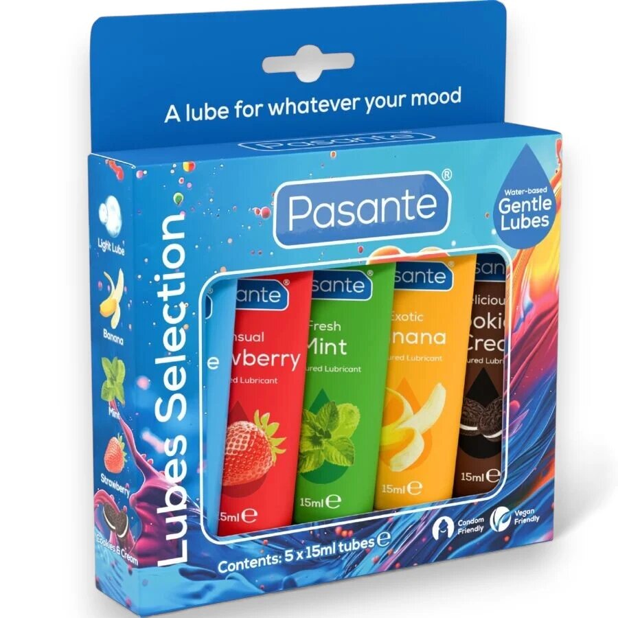 PASANTE Set 5 lubrifianți Lube Selection pe bază de apă textură mătăsoasă fără parabeni vegan 5 arome 5 x 15 ml