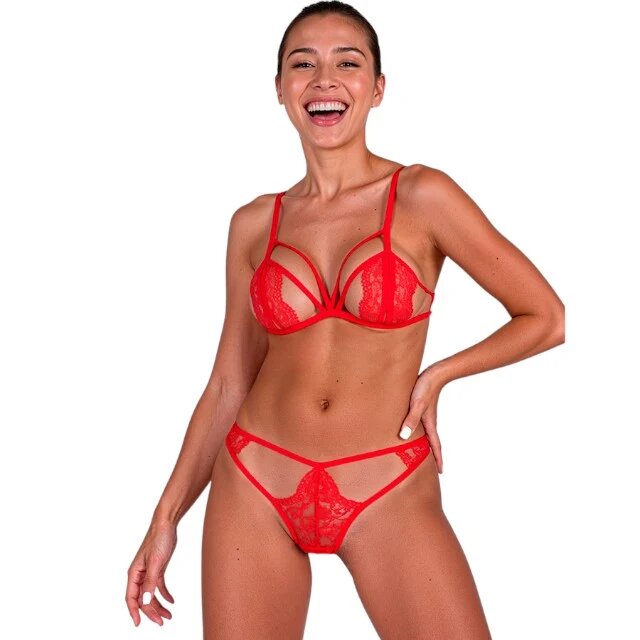 Passion Lenjerie sexy 2 piese Anuvera sutien și chilot tanga din dantelă cu decupaje roșu mărime S/M