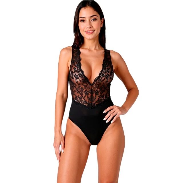 Passion Lenjerie sexy teddy Evalie body erotic mulat cu dantelă și spatele gol mărime S/M culoare negru