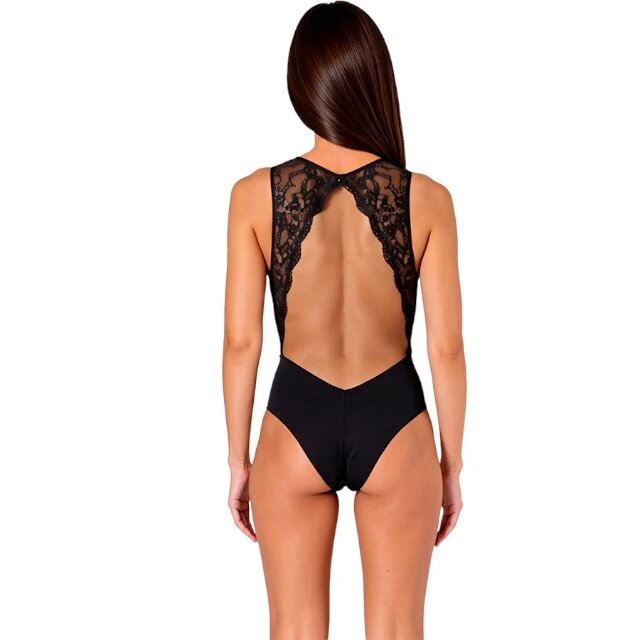 Passion Lenjerie sexy teddy Evalie body erotic mulat cu dantelă și spatele gol mărime S/M culoare negru