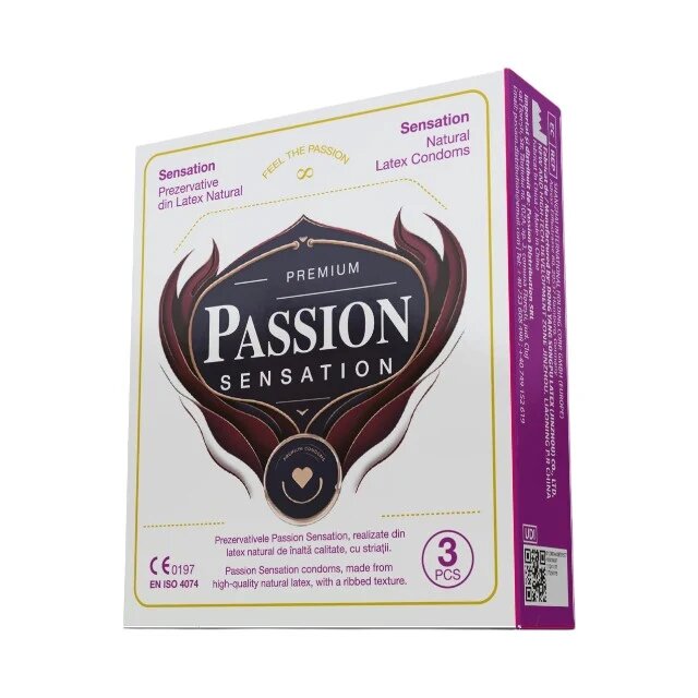 Passion Prezervative Sensation din latex natural lubrifiate texturate și rezistente diametru 52 mm 3 buc