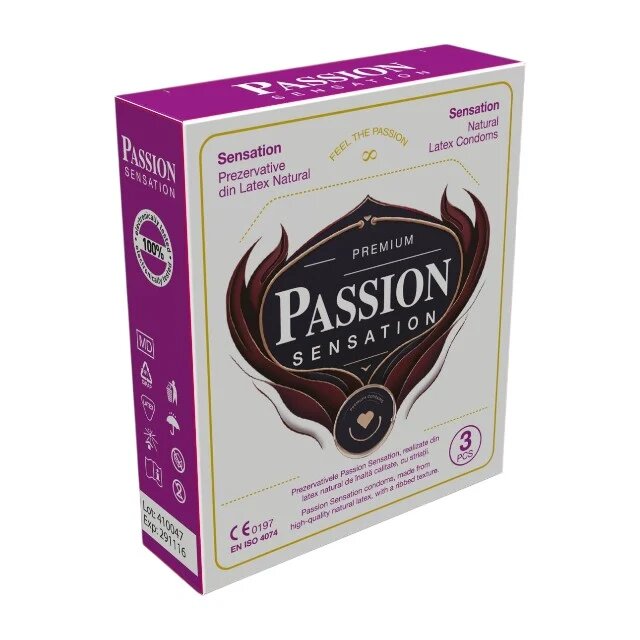 Passion Prezervative Sensation din latex natural lubrifiate texturate și rezistente diametru 52 mm 3 buc
