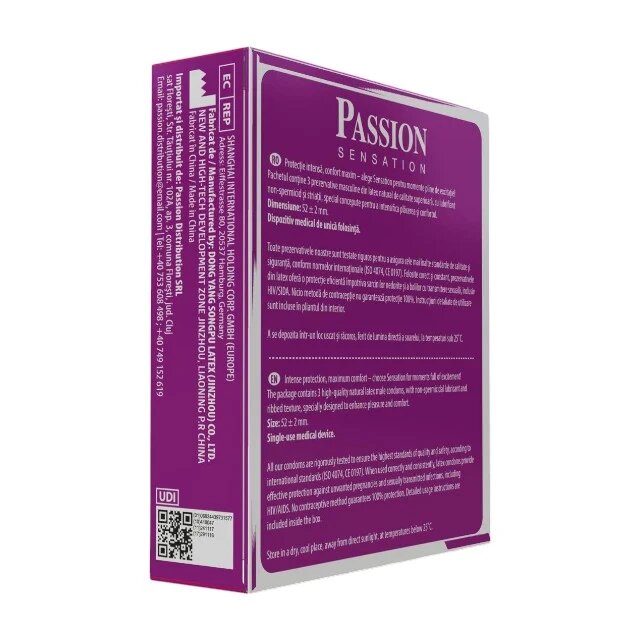 Passion Prezervative Sensation din latex natural lubrifiate texturate și rezistente diametru 52 mm 3 buc