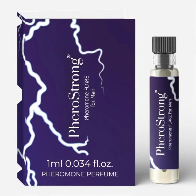 PheroStrong Mostră parfum cu feromoni Pheromone Flare Men pentru bărbați cu note de bergamotă piper negru lemn de santal mov 1 ml