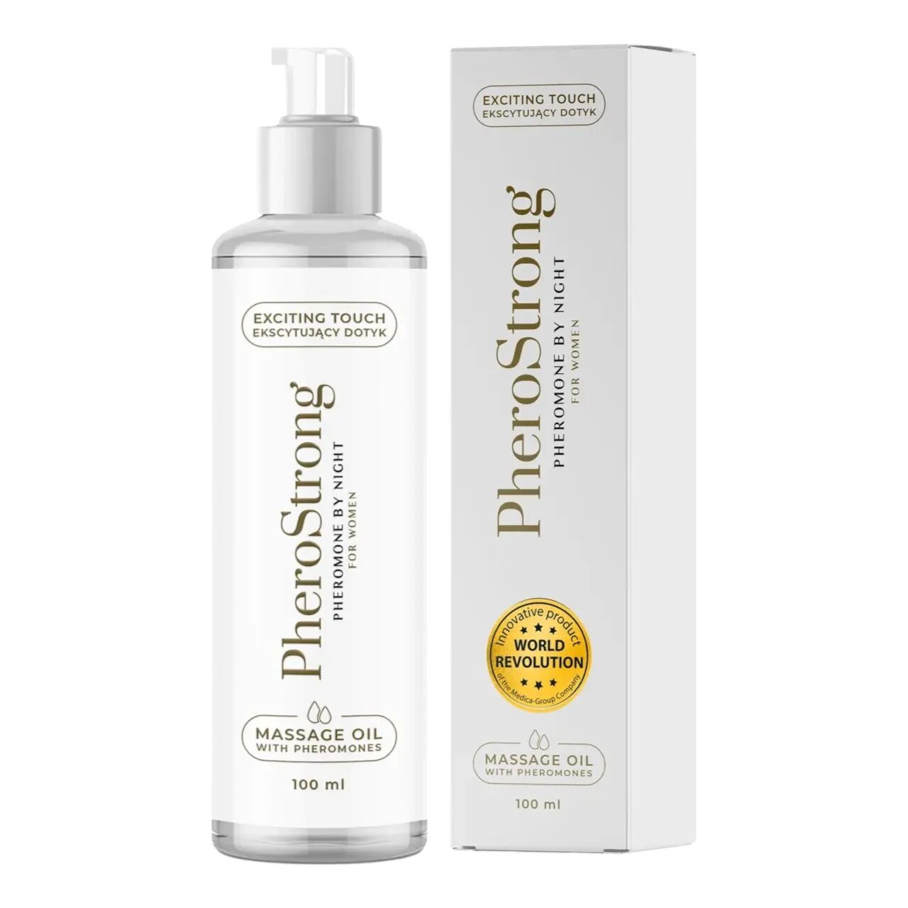 PheroStrong Ulei de masaj cu feromoni Pheromone By Night For Women pentru femei note de pere și piper roz 100 ml (alb)