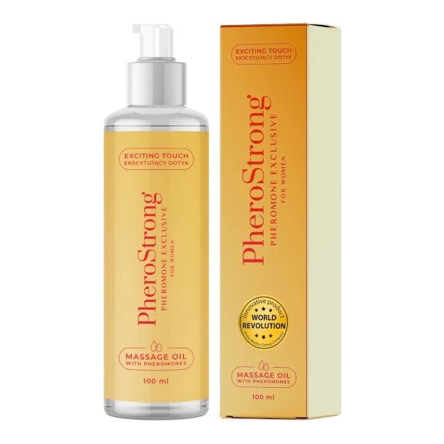 PheroStrong Ulei de masaj cu feromoni Pheromone Exclusive For Women pentru femei note de pere și coacăze negre 100 ml (portocaliu)