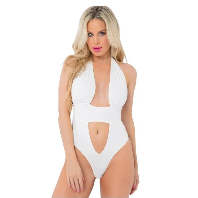 PINK LIPSTICK Lenjerie sexy teddy TAKE THE PLUNGE Bodysuit cu decolteu adânc și chilot tanga mărime S/M culoare alb
