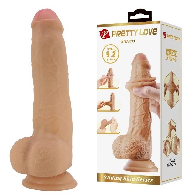 PRETTYLOVE Dildo realist cu testicule Draco cu material flexibil care imită pielea bază cu ventuză 23.3 cm culoarea pielii