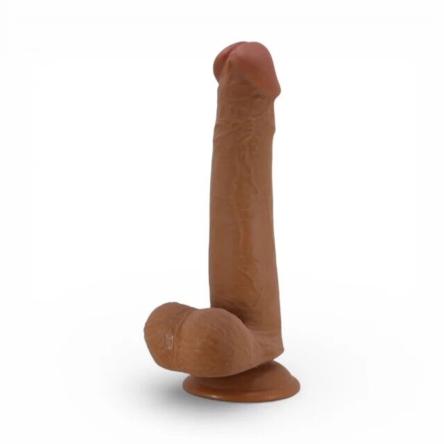 PRETTYLOVE Dildo realist cu testicule Tallen cu material flexibil care imită pielea bază cu ventuză 22 cm culoare maro