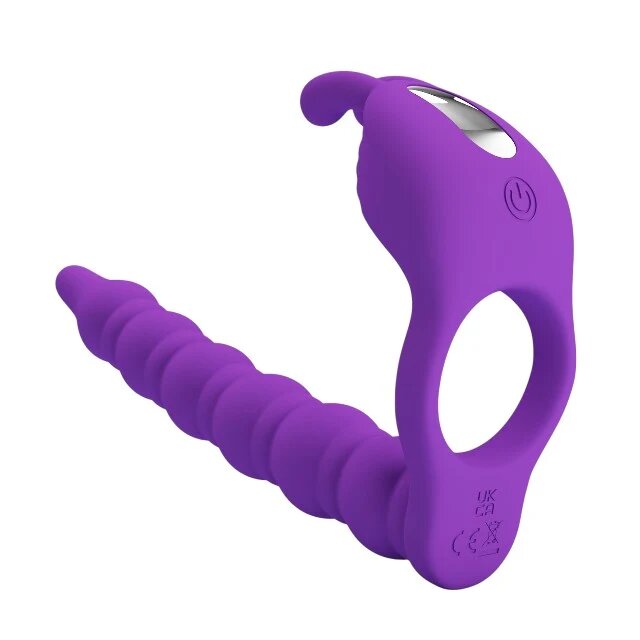 PRETTYLOVE Inel vibrator pentru penis cu dildo Blackney pentru dublă penetrare 7 funcții de vibrație din silicon mov