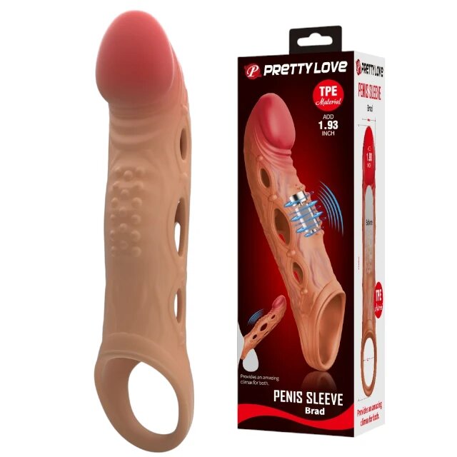 PRETTYLOVE Manșon Brad Brown cu mini vibrator pentru extensia și îngroșarea penisului inel pentru testicule +4 cm în lungime culoarea maro