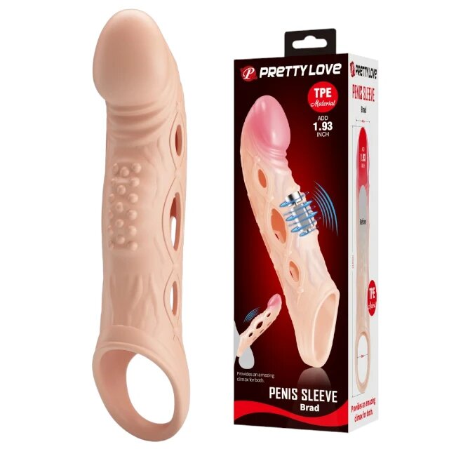PRETTYLOVE Manșon Brad Flesh cu mini vibrator pentru extensia și îngroșarea penisului inel pentru testicule +4 cm în lungime culoarea pielii