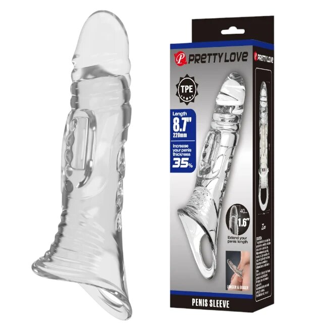 PRETTYLOVE Manșon Penis Sleeve pentru extensia și îngroșarea penisului inel pentru testicule +4 cm în lungime transparent