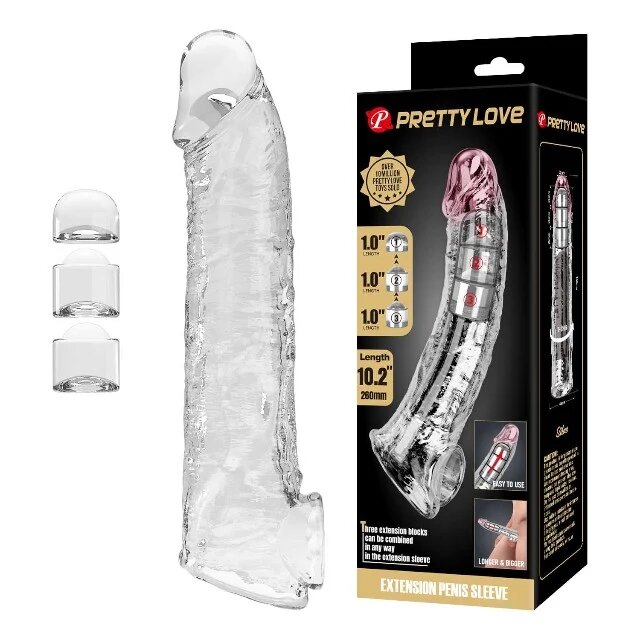 PRETTYLOVE Manșon realist Silas cu 3 inserții detașabile pentru ajustarea adâncimii inel pentru testicule transparent 26 cm