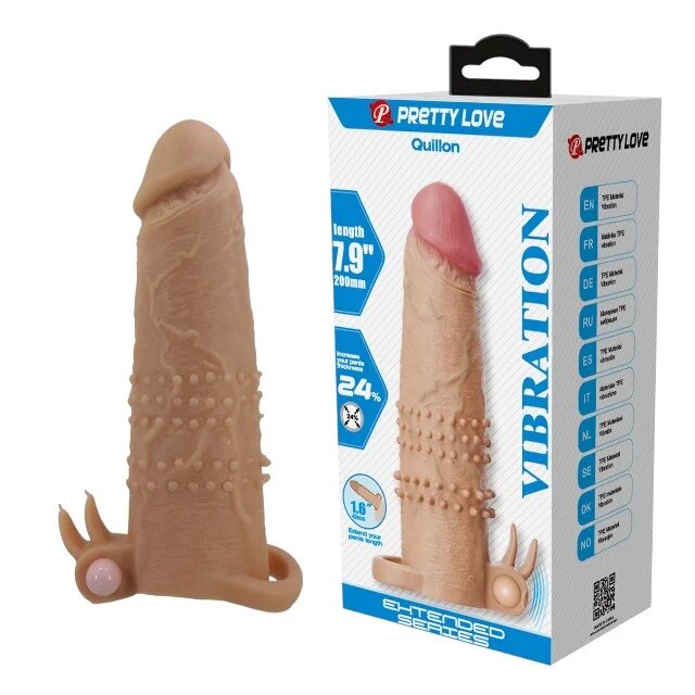 PRETTYLOVE Manșon vibrator Quillon realist cu striații și inel pentru testicule bullet detașabil din TPR flexibil culoarea pielii 20 cm