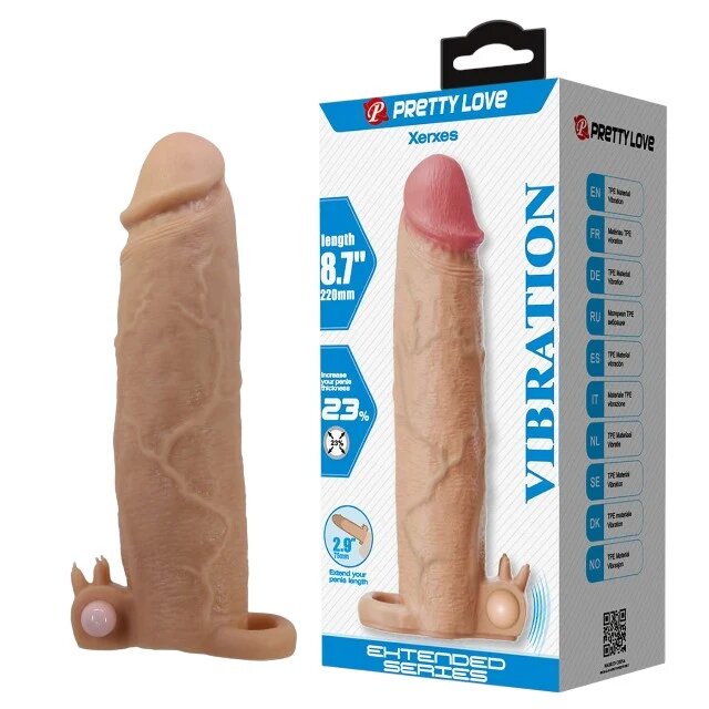PRETTYLOVE Manșon vibrator Xerxes realist cu inel pentru testicule bullet detașabil din TPR flexibil culoarea pielii 22 cm