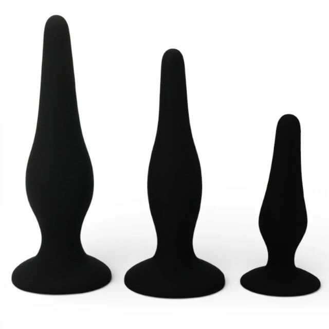 PRETTYLOVE Set plug anal Beginner’s Mini Anal Kit 3 dopuri anale cu ventuză pentru fixare din silicon medical lungimi 8.5 x 11.5 x 13 cm negru