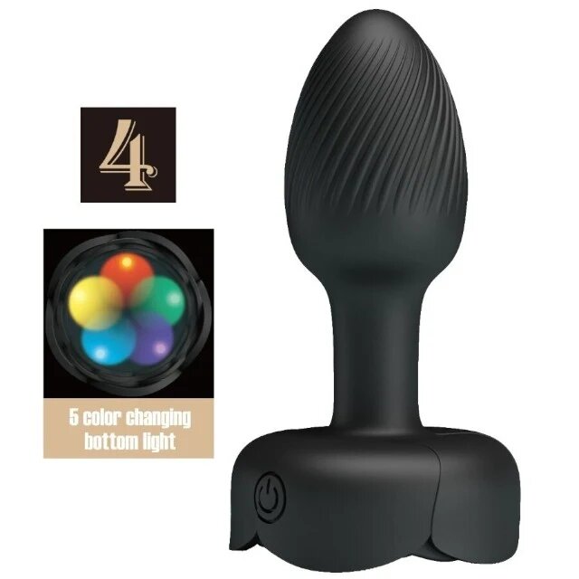 PRETTYLOVE Vibrator anal Olman bază cu lumini LED 10 funcții de vibrație rezistent la apă diametru 3 cm negru