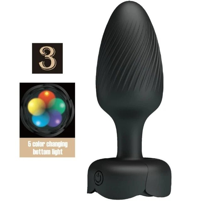 PRETTYLOVE Vibrator anal Osborn bază cu lumini LED 10 funcții de vibrație rezistent la apă diametru 3.4 cm negru