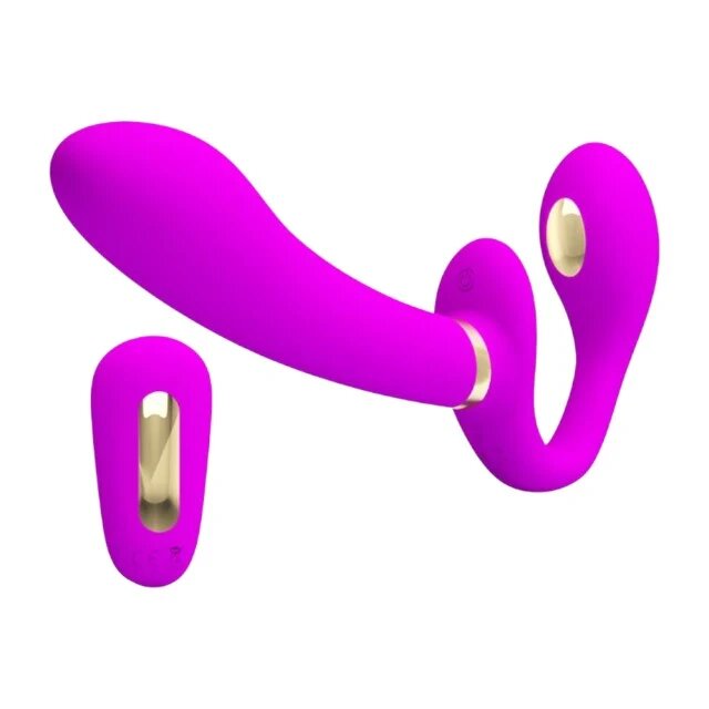 PRETTYLOVE Vibrator dublu Thunderbird strap-on fără ham 3 funcții de electroșoc control prin telecomandă roz 22.5 cm