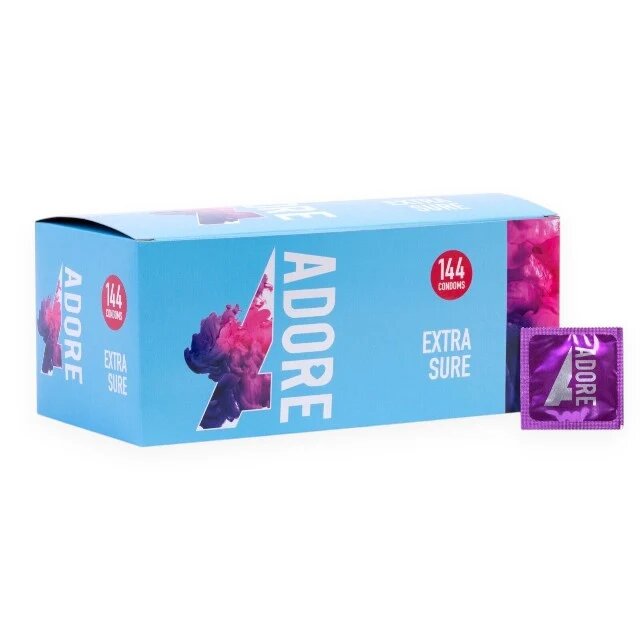  Prezervative ADORE Extra Sure din latex rezistent lubrifiate fără parfum 54 ± 2 mm 144 buc