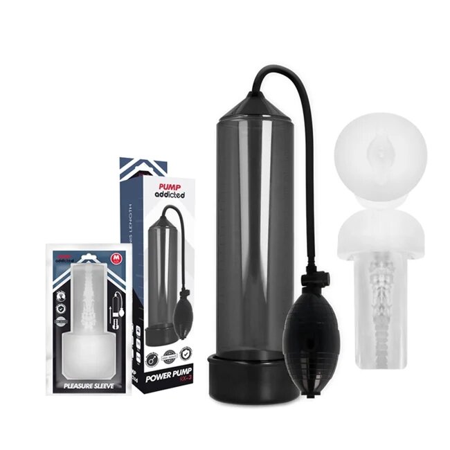 PUMP ADDICTED Pompa manuala - Power RX3 BLACK pentru marirea penisului si imbunatatirea performantelor sexuale ajustabila cu masturbator culoare neagra 23 cm