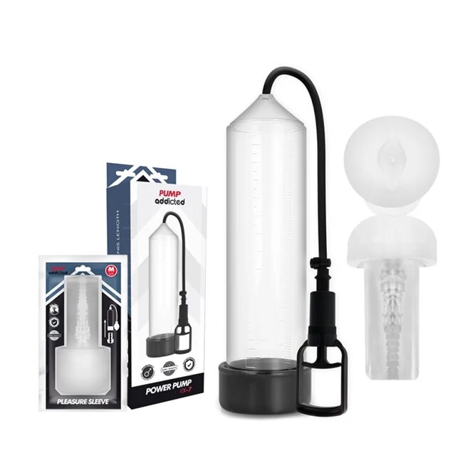 PUMP ADDICTED Pompa manuala - Power RX7 pentru marire penis si imbunatatire performante sexuale cu masturbator transparenta 24 cm