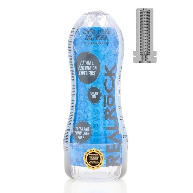 RealRock Masturbator manual Crystal Clear Easy Rider texturat pentru stimulare intensă din TPE rezistent la apă albastru