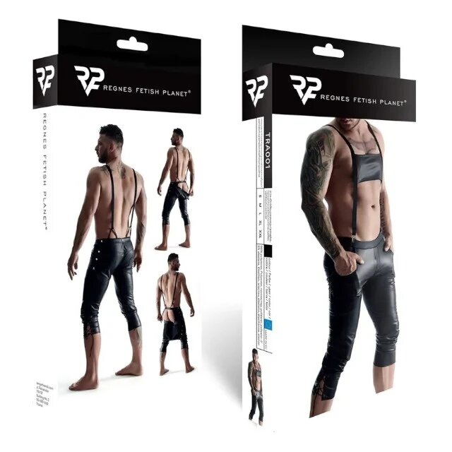 REGNES FETISH PLANET Pantaloni sexy bărbați cu bretele 3/4 Men’s Pants in Bavarian Style culoare negru mărime XL