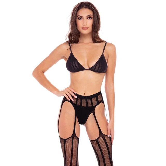 RENE ROFE LINGERIE Lenjerie sexy 3 piese RENE ROFE Straight Up cu sutien chilot tanga și dresuri cu portjartier model cu dungi verticale negru mărimea M/L model 7096-BLKML