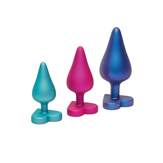 ROMP Set plug anal LUSTER Anal Training Kit 3 dopuri de dimensiuni progresive 7.4 cm - 10.5 cm cu baze în formă de inimă multicolore