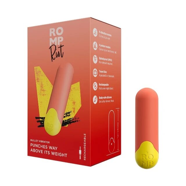 ROMP Vibrator bullet RIOT pentru stimularea clitorisului 10 funcții de vibrație rezistent la apă IPX5 portocaliu cu galben