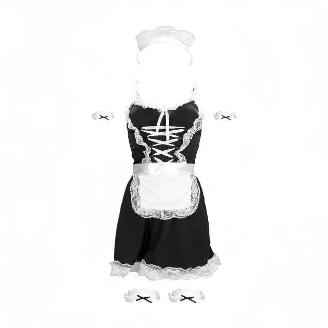 S LINE Costum sexy menajeră S-LINE BY SHOTS French Maid Costume pentru roleplay rochie cu bonetă și jartiere S/M alb-negru